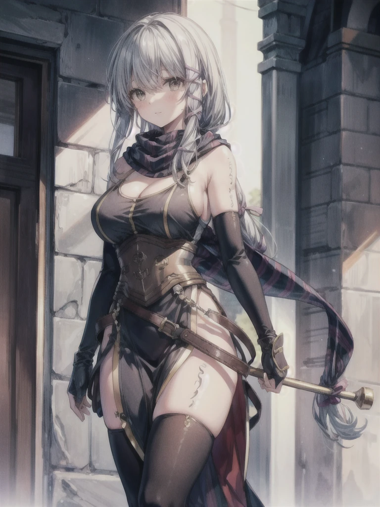 (masterpiece, highest quality, Perfect Anatomy, Fabric Shading, gleaming skin, Glowing Skin, Detailed skin),BREAK,
(clair lasbard), 
(long ponytail, hair ribbon, striped scarf, black dress, corset, belt, fingerless gloves, thigh boots),
 
Full Body,standing, light smile, BREAK, 
lift up skirt, huge breasts, wide open cleavage), BREAK,

Late Night, Dark, BREAK