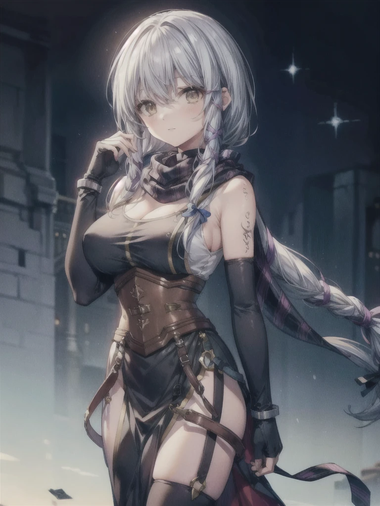 (masterpiece, highest quality, Perfect Anatomy, Fabric Shading, gleaming skin, Glowing Skin, Detailed skin),BREAK,
(clair lasbard), 
(long ponytail, hair ribbon, striped scarf, black dress, corset, belt, fingerless gloves, thigh boots),
 
Full Body,standing, light smile, BREAK, 
lift up skirt, huge breasts, wide open cleavage), BREAK,

Late Night, Dark, BREAK