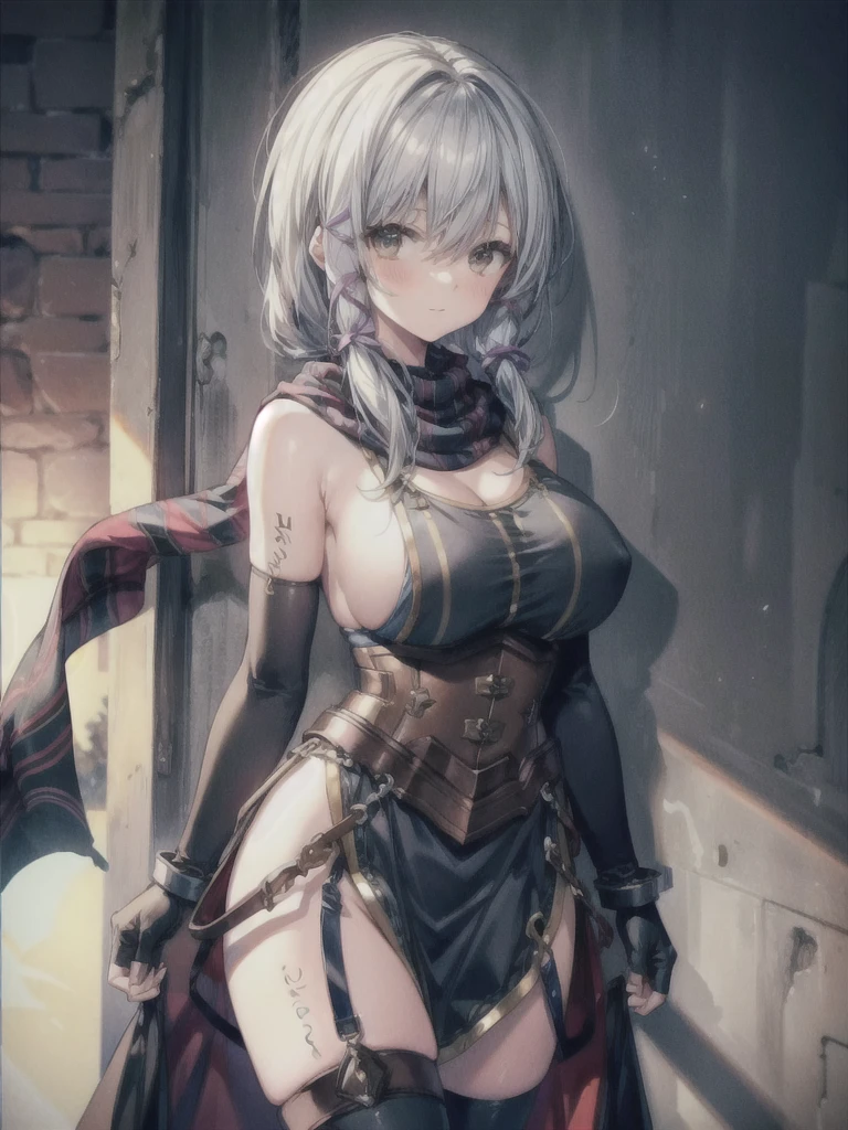 (masterpiece, highest quality, Perfect Anatomy, Fabric Shading, gleaming skin, Glowing Skin, Detailed skin),BREAK,
(clair lasbard),
(long ponytail, hair ribbon, striped scarf, black dress, corset, belt, fingerless gloves, thigh boots),
Full Body,standing, light smile, BREAK,
lift up skirt, huge breasts, wide open cleavage), BREAK,
Late Night, Dark, BREAK