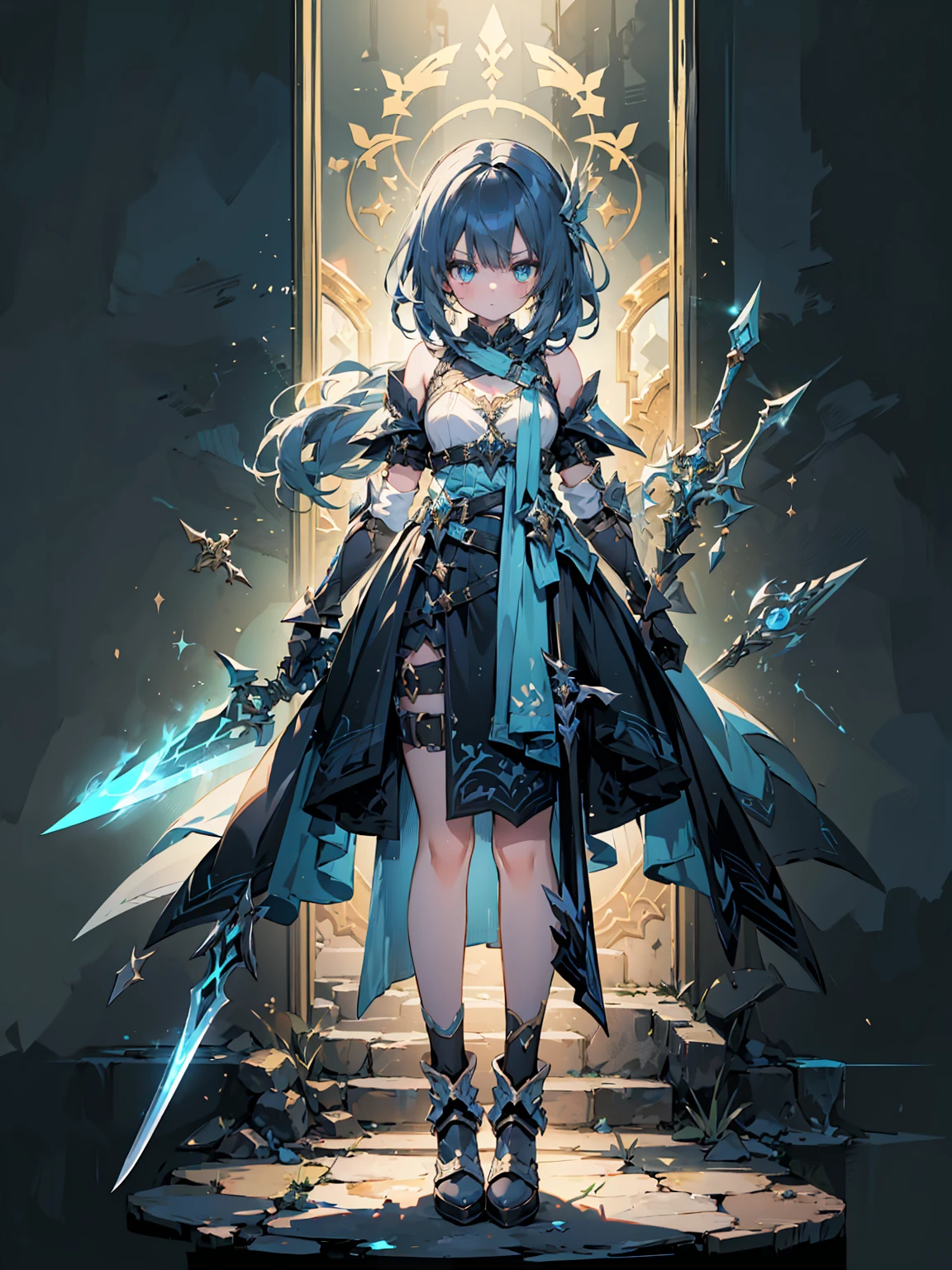 Design a layout showcase Gaming character, (1girl). Golden+Purle clothes, stylish and unique, ((showcase weapon:1.4)), magic staff, (masterpiece:1.2), (best quality), 4k, ultra-detailed, (Step by step design, layout art:1.5), (luminous lighting, atmospheric lighting), magican, ((glove full hands)), (((revealing clothes:1.3))), vambraces, armored legwear, (((full_body_shot:1.4)))