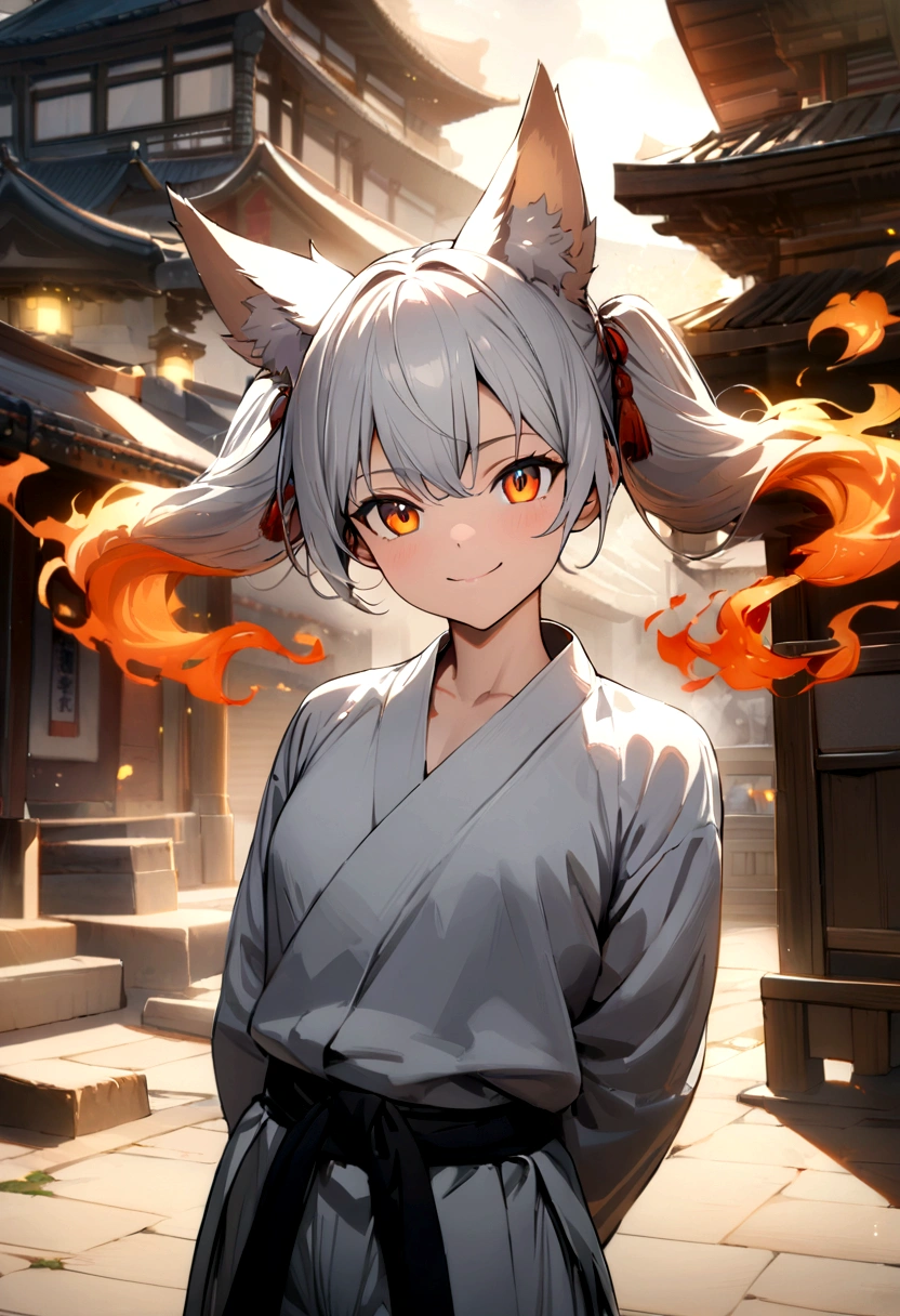 (best quality,4k,highres,masterpiece:1.2),ultra-detailed,physically-based rendering,professional,vivid colors,bokeh,portrait,anime,messy White Hair,Fiery Orange Eyes,Karate Gi,baggy grey pants,smiling expression,temple background,standing in outdoor martial arts temple,male , 1male , martial arts clothing , Kitsune Ears , nine tails made of fire floating behind back, fire in hands