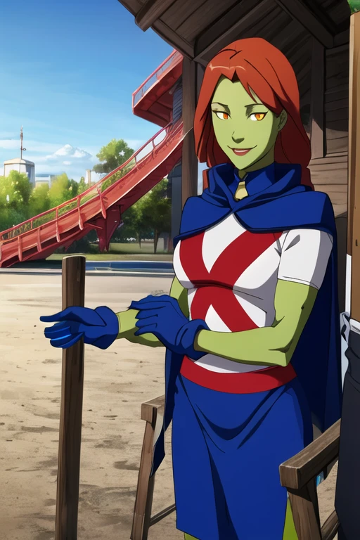 8k,highres,absurdres,masterpiece,best quality,original,extremely detailed CG,extremely detailed wallpaper,perfect, MissMartianYJ, girl1, solo, orange eyes, green skin, hair, White shirt, red X logo, blue gloves, long blue cape, short sleeves, blue skirt, smile. Park