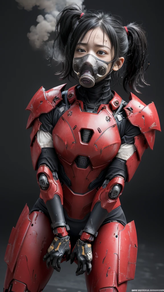 Rough skin, Very detailed, Advanced Details, high quality, 最high quality, High resolution, 1080P 、(Red Armor)(Wearing a damaged cyber suit...)gas mask)(Damaged Armor)Black Hair、、Chiquita、My hair is soaked、Open your mouth、Sweaty face、It hurts again、cute、knock down、Kindergarten girl (Steam coming out of the face) ((Steam from the body)) Touching the vagina look up suffering Ahegao