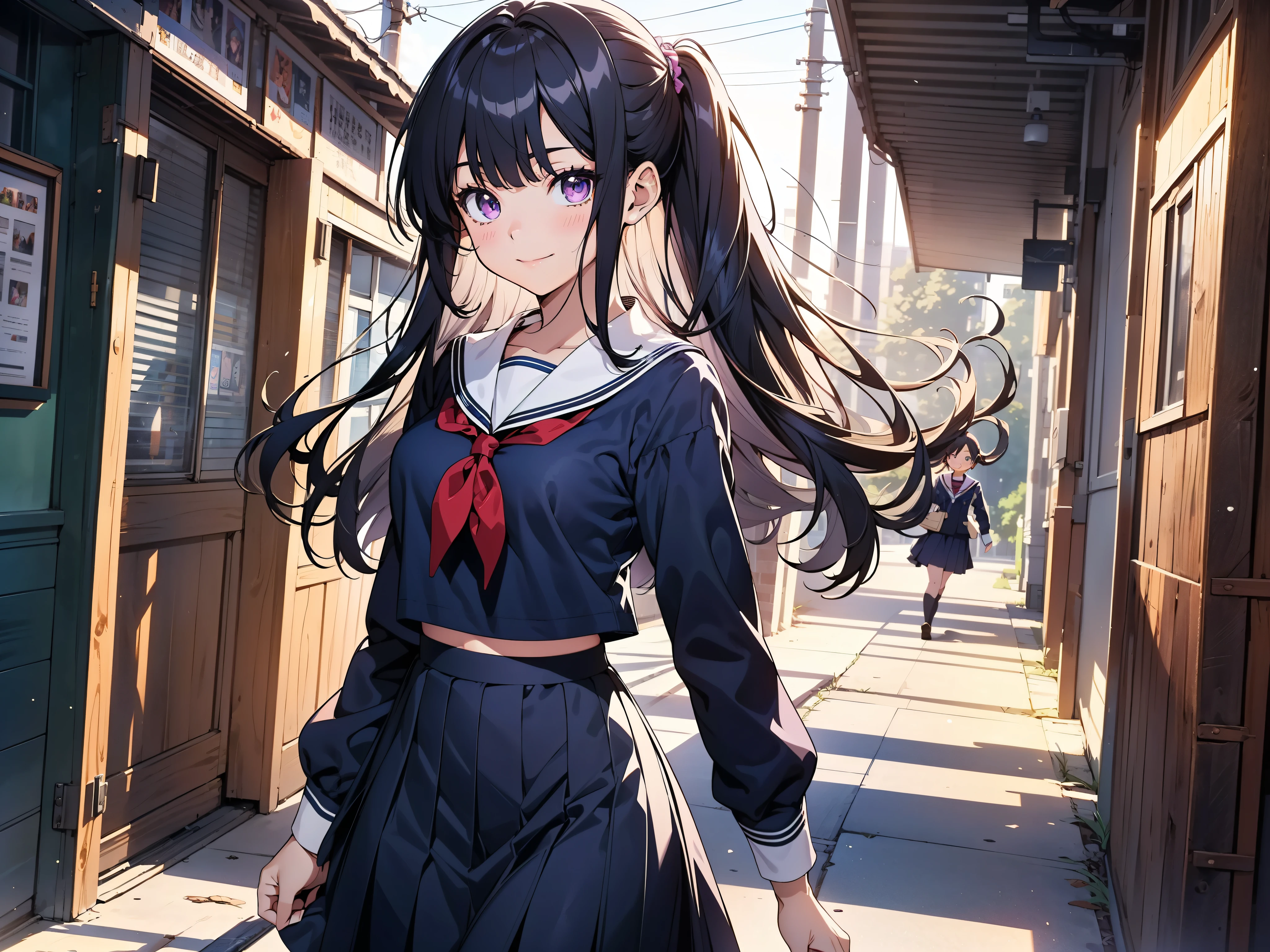 body 8 times longer than head, (Highly detailed CG unity 8k), (highest quality)(very detailed)(ultra high resolution), High school girl wearing a navy sailor suit, Anime 2D rendering, realistic young anime high school girl,light smile, purple eyes, small breasts, tall, slanted eyes, school scenery, bright color, Dark blue skirt,