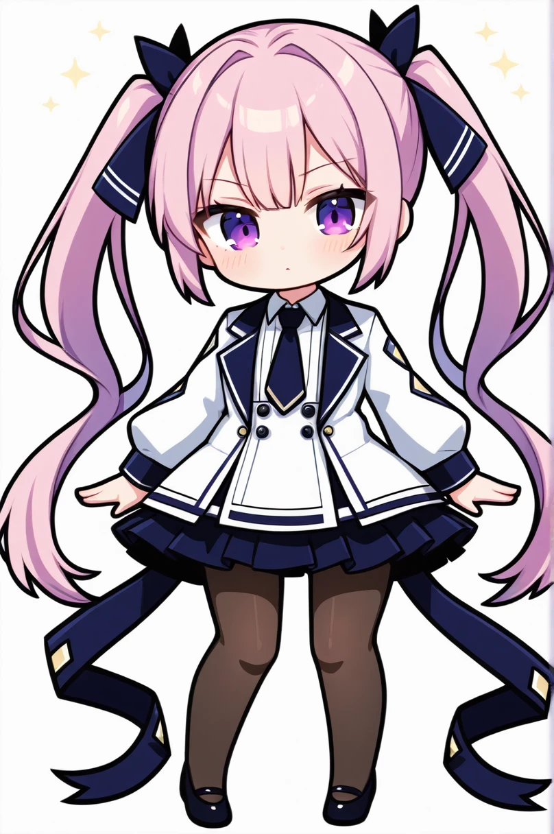 One girl, alone, (chibi 1.8), Drill Hair, Long Hair, tie, pantyhose, Pink Hair, Purple eyes, , Shine, Twin Drill, Twin tails,Simple white background