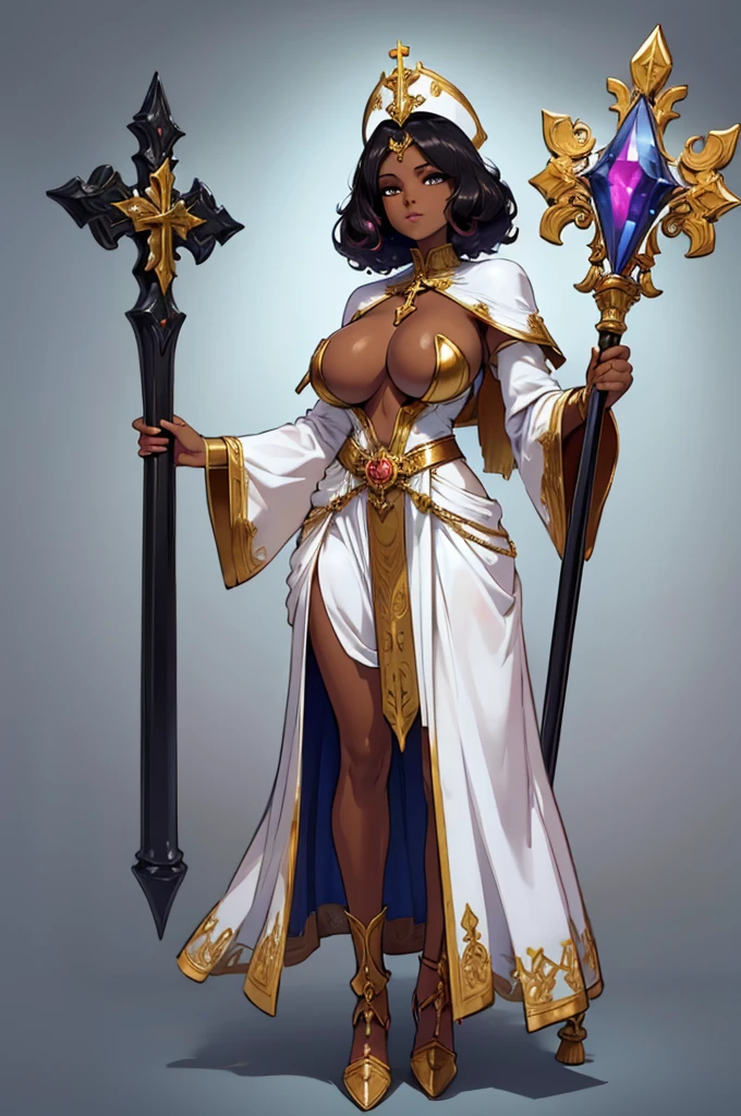 (masterpiece, best quality, high resolution, ((full body standing,)),((huge breasts)) 1(masterpiece, best quality, high resolution, ((full body standing,)),((huge breasts) ) 1 beautiful woman, very short black hair afro, ((dark skin)) pink hair, light white fantasy cleric armor with gold details, headdress full body fantasy cleric, holding 1 fantasy cleric staff in the shape of a cross,
((full body))
