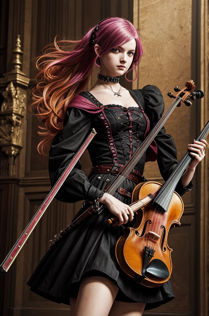 Create an image of a punk girl battling the devil using a violin in a Renaissance anime style. The punk girl should have vibrant, rebellious attire typical of punk culture, with colorful hair and bold accessories. She wields her violin as a weapon, striking a dramatic pose. The devil should be menacing and dark, contrasting with the girl's bright appearance. The background should be rich with Renaissance details, including classical architecture and dramatic lighting. The overall style should blend the elegance and depth of Renaissance art with the dynamic, expressive features of anime
