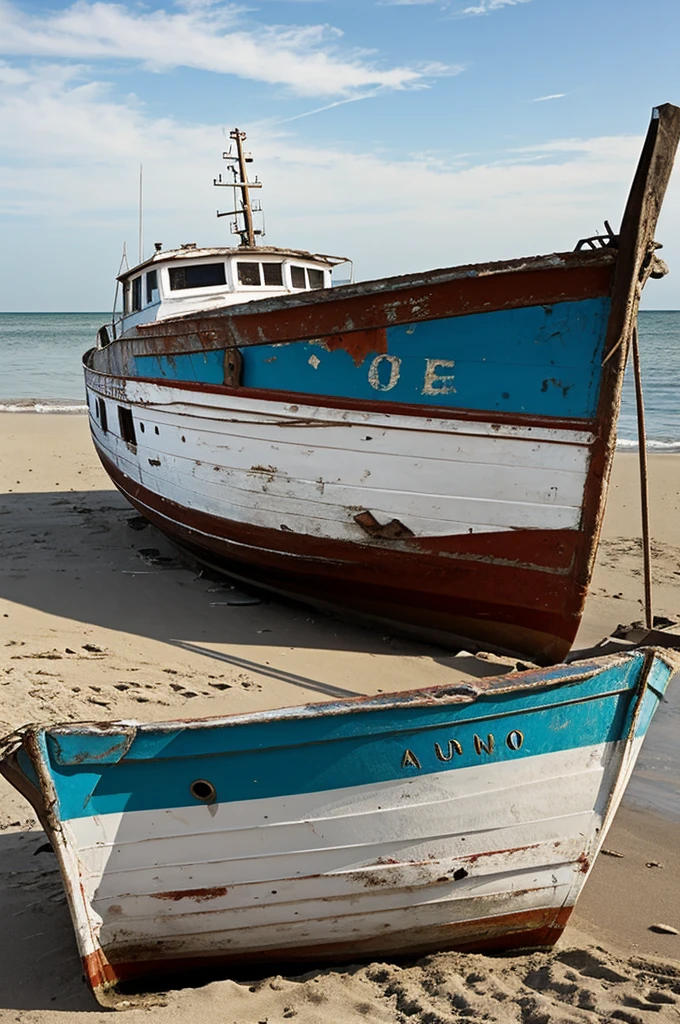Generate an image of a deteriorated and old Aldo boat on a somewhat neglected beach with the name painted in white paint "Son and Rumba"