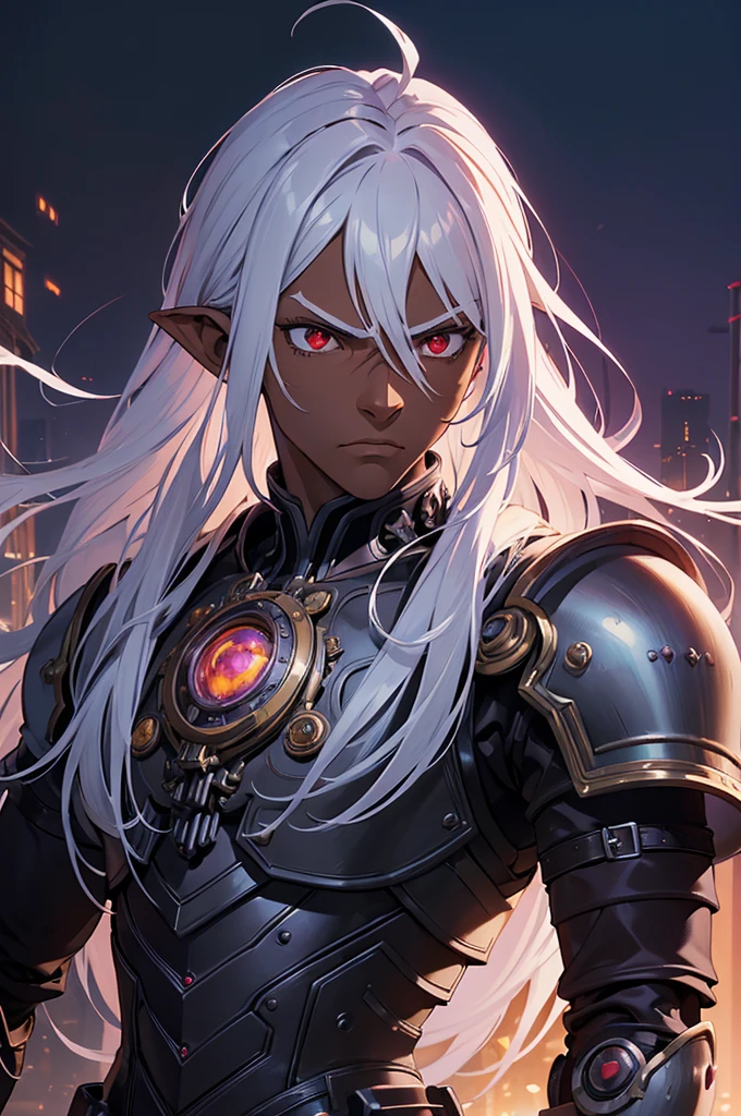((best quality)), ((masterpiece)), (detailed), ((boy)), ((mechanical armor)), (steampunk), (serious), dark skinned, human, upper body, portrait, red eyes, long white hair, Xemnas from Kingdom Hearts, half-drow, pointy ears, serious face, dramatic lighting, purple hue, art by Kinema Citrus and Tetsuya Nomura