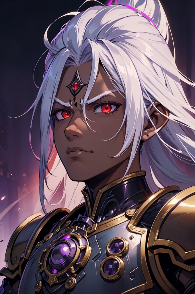 ((best quality)), ((masterpiece)), (detailed), ((boy)), ((mechanical armor)), (steampunk), (serious), dark skinned, human, upper body, portrait, red eyes, long white hair, Xemnas from Kingdom Hearts, half-drow, pointy ears, serious face, dramatic lighting, purple hue, art by Kinema Citrus and Tetsuya Nomura
