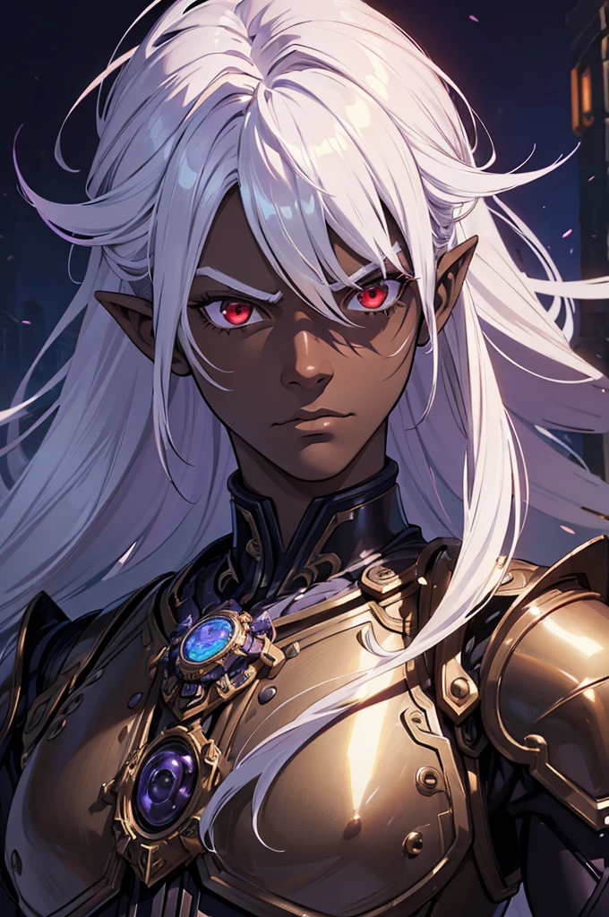 ((best quality)), ((masterpiece)), (detailed), ((boy)), ((mechanical armor)), (steampunk), (serious), dark skinned, human, upper body, portrait, red eyes, long white hair, Xemnas from Kingdom Hearts, half-drow, pointy ears, serious face, dramatic lighting, purple hue, art by Kinema Citrus and Tetsuya Nomura
