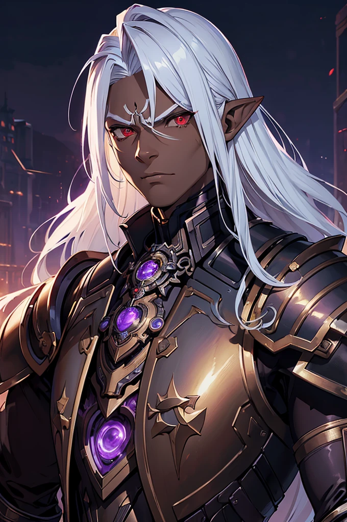 ((best quality)), ((masterpiece)), (detailed), ((boy)), ((mechanical armor)), (steampunk), (serious), dark skinned, human, upper body, portrait, red eyes, long white hair, Xemnas from Kingdom Hearts, half-drow, pointy ears, serious face, dramatic lighting, purple hue, art by Kinema Citrus and Tetsuya Nomura