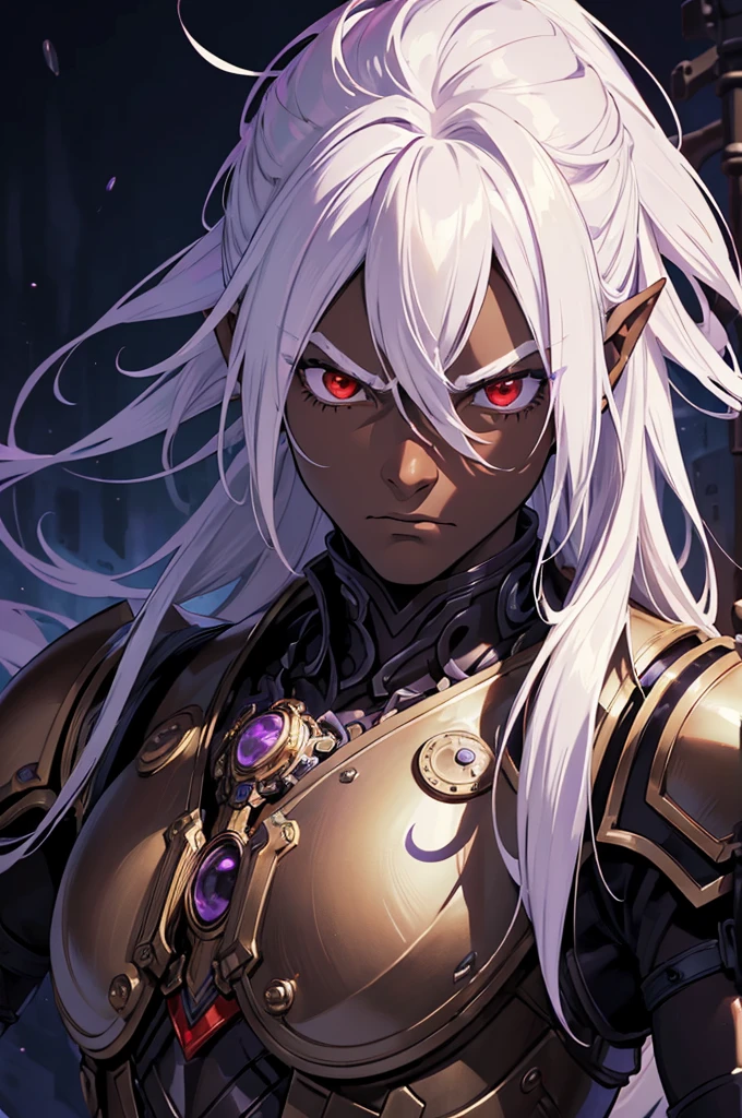 ((best quality)), ((masterpiece)), (detailed), ((boy)), ((mechanical armor)), (steampunk), (serious), dark skinned, human, upper body, portrait, red eyes, long white hair, Xemnas from Kingdom Hearts, half-drow, pointy ears, serious face, dramatic lighting, purple hue, art by Kinema Citrus and Tetsuya Nomura