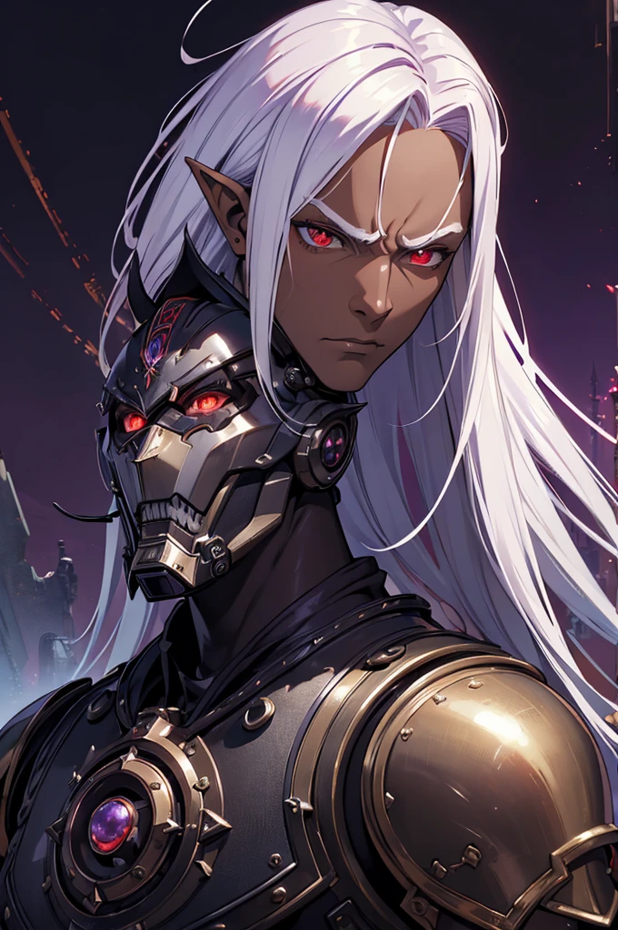 ((best quality)), ((masterpiece)), (detailed), ((boy)), ((mechanical armor)), (steampunk), (serious), dark skinned, human, upper body, portrait, red eyes, long white hair, Xemnas from Kingdom Hearts, half-drow, pointy ears, serious face, dramatic lighting, purple hue, art by Kinema Citrus and Tetsuya Nomura