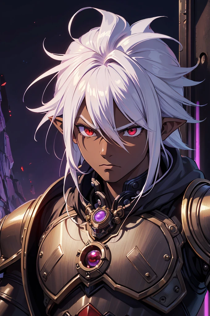((best quality)), ((masterpiece)), (detailed), ((boy)), ((mechanical armor)), (steampunk), (serious), dark skinned, human, upper body, portrait, red eyes, long white hair, Xemnas from Kingdom Hearts, half-drow, pointy ears, serious face, dramatic lighting, purple hue, art by Kinema Citrus and Tetsuya Nomura