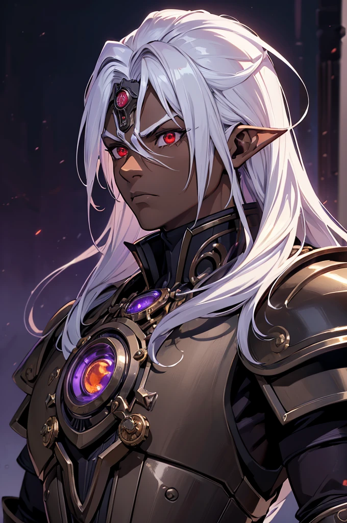 ((best quality)), ((masterpiece)), (detailed), ((boy)), ((mechanical armor)), (steampunk), (serious), dark skinned, human, upper body, portrait, red eyes, long white hair, Xemnas from Kingdom Hearts, half-drow, pointy ears, serious face, dramatic lighting, purple hue, art by Kinema Citrus and Tetsuya Nomura
