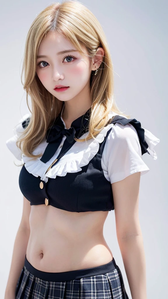 (((forehead、Blonde、Northern Europe、White people、beautiful girl、Blonde、White background、Belly button、Idol、uniform、mini skirt)))、table top, highest quality, figure, super detailed, finely, High resolution, 8k wallpaper, Perfect dynamic composition, detailed and beautiful eyes, Deco out,bionde, medium hair, super big breasts, Natural color lip,white background, random cute poses,frill dress