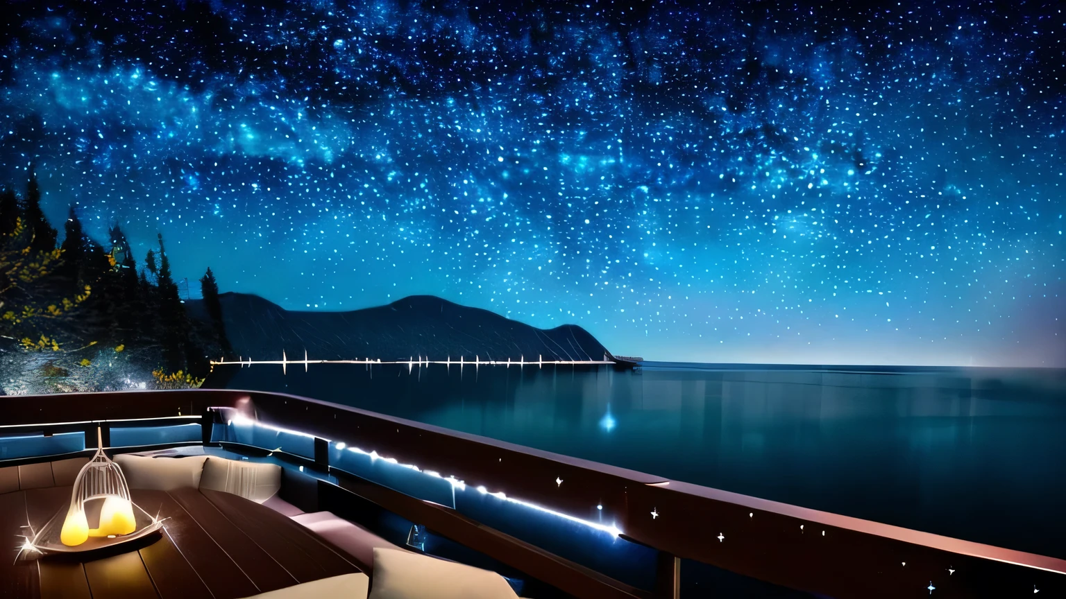 4K,{dynamic},Ultra-fine,(Night Sky:1.5),(Tabletop),(最high quality, high quality:1.4),,Ultra-realistic,dynamic,Perfect Anatomy,Under a star-filled sky、Calm scenery by the water, Leading you to a room with warm light, evoke tranquility and comfort.