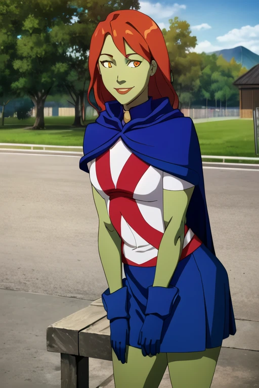 8k,highres,absurdres,masterpiece,best quality,original,extremely detailed CG,extremely detailed wallpaper,perfect, MissMartianYJ, girl1, solo, orange eyes, green skin, hair, White shirt, red X logo, blue gloves, long blue cape, short sleeves, blue skirt, smile. Park