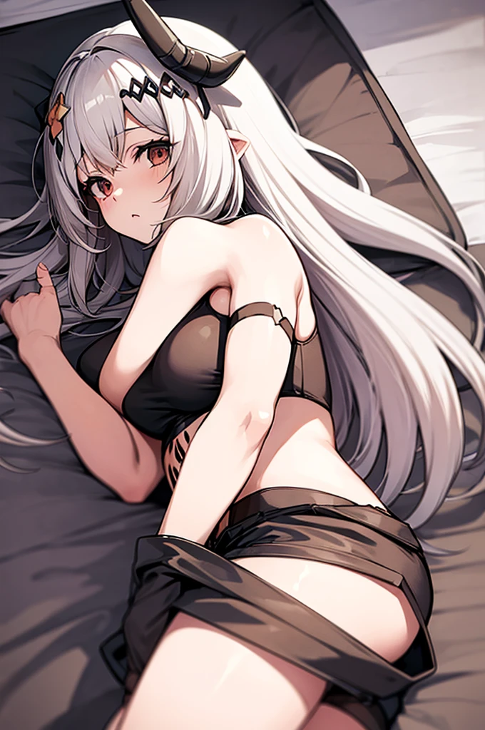 A anime girl, milky white skin, light brown hair, lying down on a bed on her stomach, wearing black jean booty shorts, with a white crop top