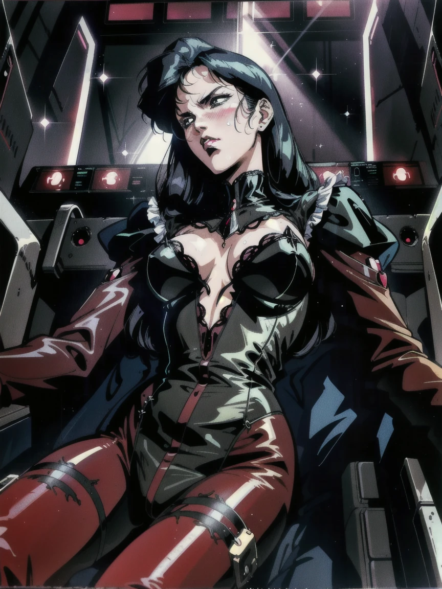 ((((retro anime)) of a gothic vampire sitting in gothic ruby cockpit)), ((from below)), (80 fov), ((gothic ((control panels)) everywhere)), ((mature)), ((vampiric)), (iridescent bodysuit), lace accessories, dark big lips, ((baroque pilot seat)), ((((lying back)) pose)), ((elegant)), (((serious tone))), futuristic, top spacecraft control panel, ((dark place)), intricate control panel details, 1990s (style), [blushing], sweat, masterpiece, claustrophobic, sparkles, limited colors