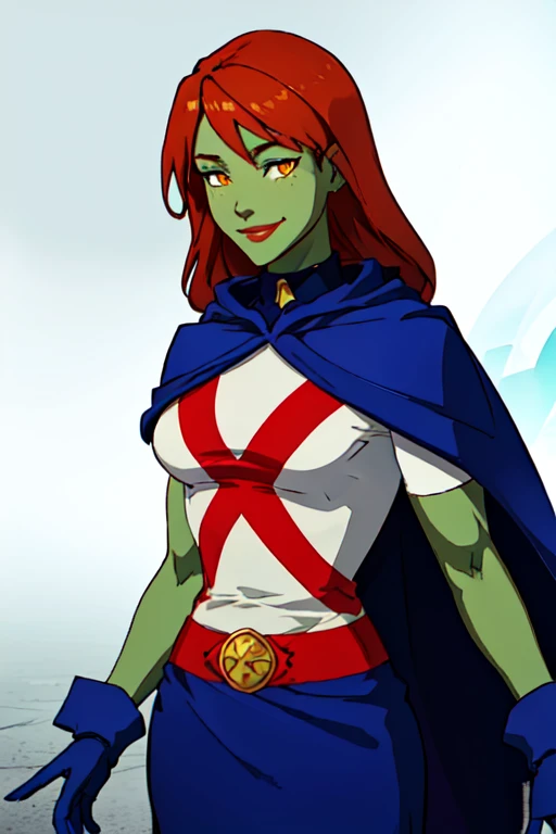 8k,highres,absurdres,masterpiece,best quality,original,extremely detailed CG,extremely detailed wallpaper,perfect, MissMartianYJ, girl1, solo, orange eyes, green skin, hair, White shirt, red X logo, blue gloves, long blue cape, short sleeves, blue skirt, smile. Park