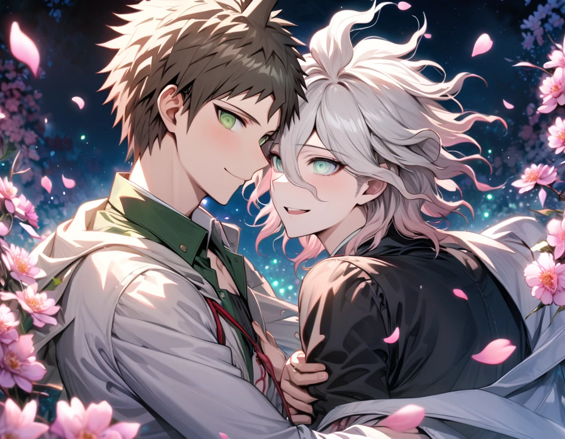 Ultra detailed, Highres, absurdres, HDR, Hinata Hajime, light brown hair, expressive green eyes, Komaeda Nagito, white hair, light gray-green eyes, white coat, black shirt, Danganronpa 2, fantasy, petals, handsome, two man together, gay couple, love, very detailed eyes and face, master piece, pink flowers, blossoms, pink petals, magical, water, handsome smile, shining blue fireflies,