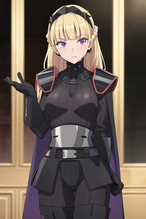 8k,highres,absurdres,masterpiece,best quality,original,extremely detailed CG,extremely detailed wallpaper,perfect lighting,1girl,solo,blurry_background,looking_at_viewer,
AmSW,long hair,blonde hair,black gloves,purple eyes,black hairband,cape,caped,black bodysuit,medium breasts,braid,blunt bangs,