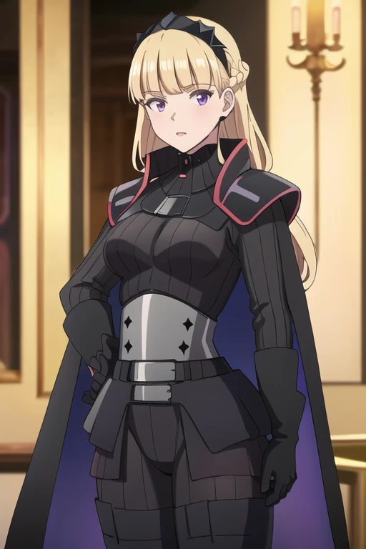 8k,highres,absurdres,masterpiece,best quality,original,extremely detailed CG,extremely detailed wallpaper,perfect lighting,1girl,solo,blurry_background,looking_at_viewer,
AmSW,long hair,blonde hair,black gloves,purple eyes,black hairband,cape,caped,black bodysuit,medium breasts,braid,blunt bangs,