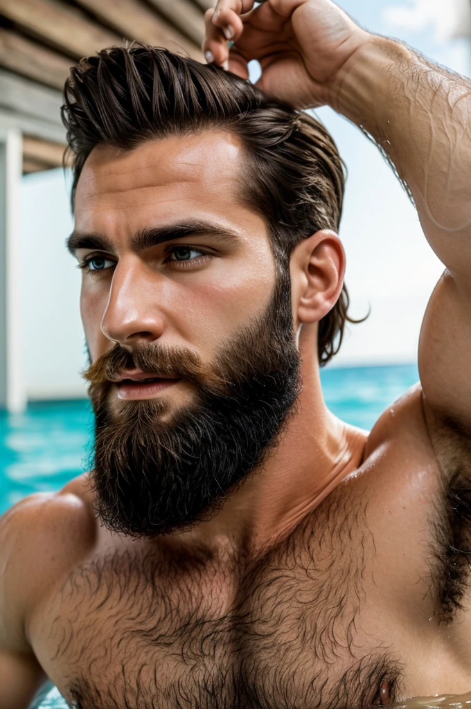 Muscular 30 year old man with beard bathing