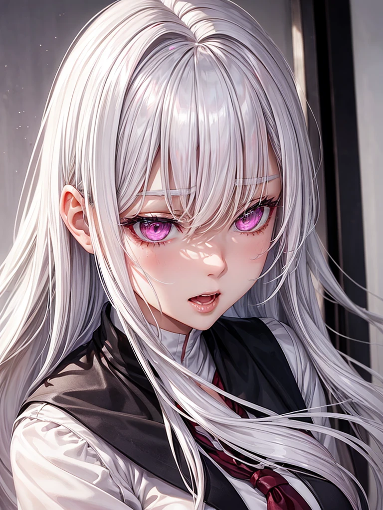 Hot woman, white hair, pink eyes, black school clothes, salivating
