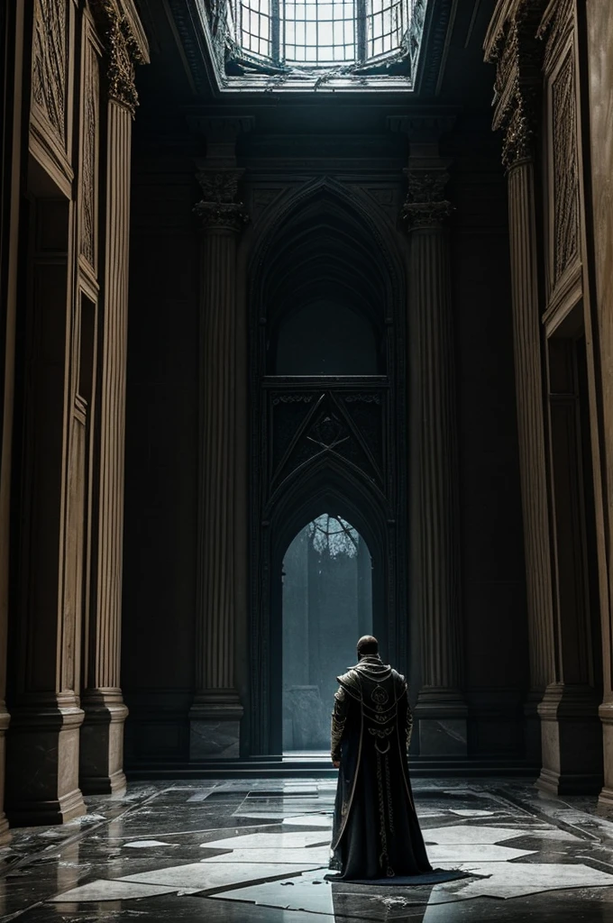 **Setting:** A grand, dilapidated throne room, filled with shadows.
**Description:**
Alex stands before a shattered throne, the remnants of grandeur around him. The room is vast and empty, the once-polished marble now cracked and covered in dust. Shafts of moonlight pierce through broken windows, casting eerie patterns on the floor. Alex's reflection in a tarnished mirror shows the weariness and anguish etched into his features. He clenches his jaw, staring at the throne with a mixture of sorrow and steely resolve, symbolizing the burdens of leadership and the cost of his journey.