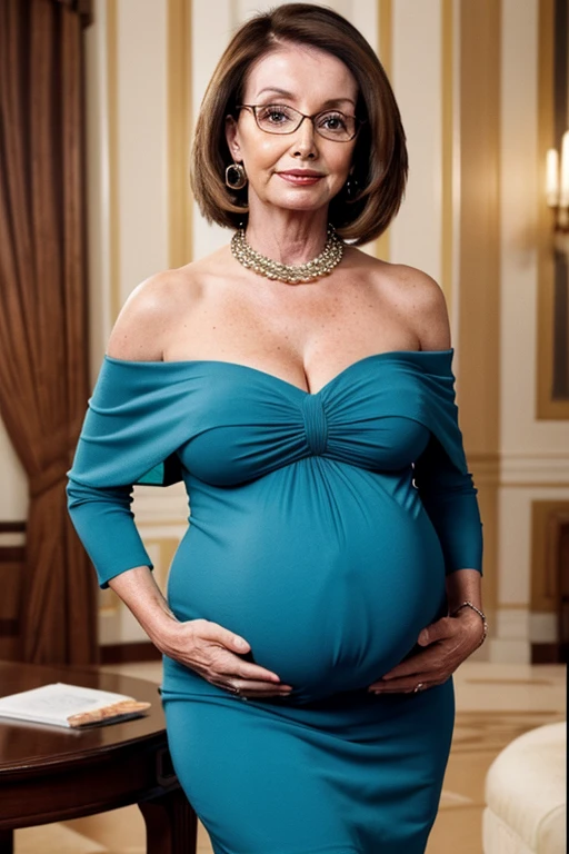 film photo of attractive woman, politician, nancy pelosi, 50 years old, 8k ultra hd, realistic, dim lighting, beautiful, huge cleavage, freckles, ((off-shoulder dress)), short pixie cut, earrings, huge hips, glasses, (huge pregnant belly), voluptuous, scarf, smirking, intricate details