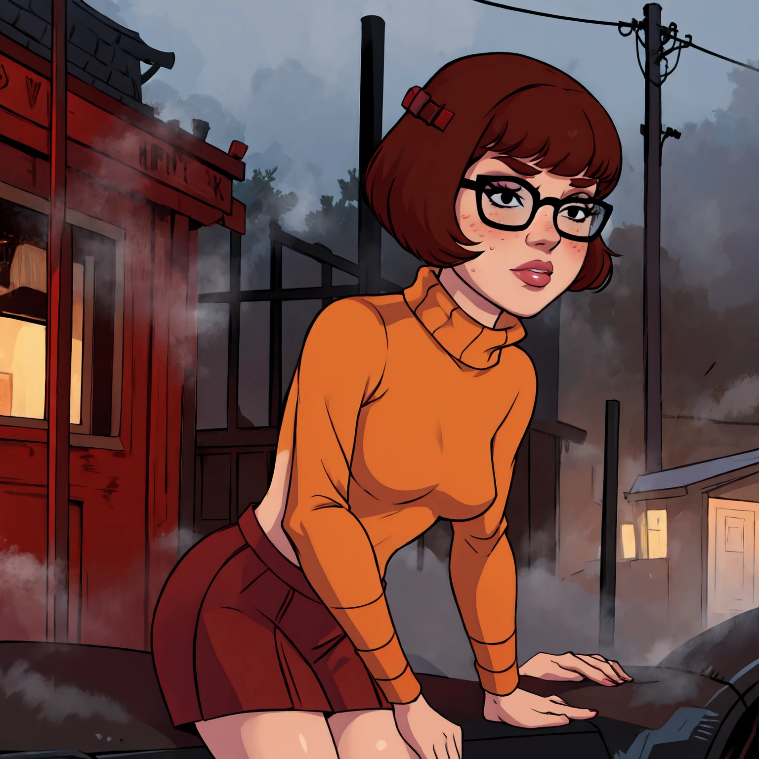 1girl, Velma from scooby-doo, solo, skinny, brown hair, black eyes, square glasses, orange turtleneck blouse and red skirt,  eyeliner, looking at viewer, lips, black bob cut, blunt bangs, blush, standing, upper body, face focus, outdoors, horror \(theme\), night, fog egirlmakeup, sitting on the van car