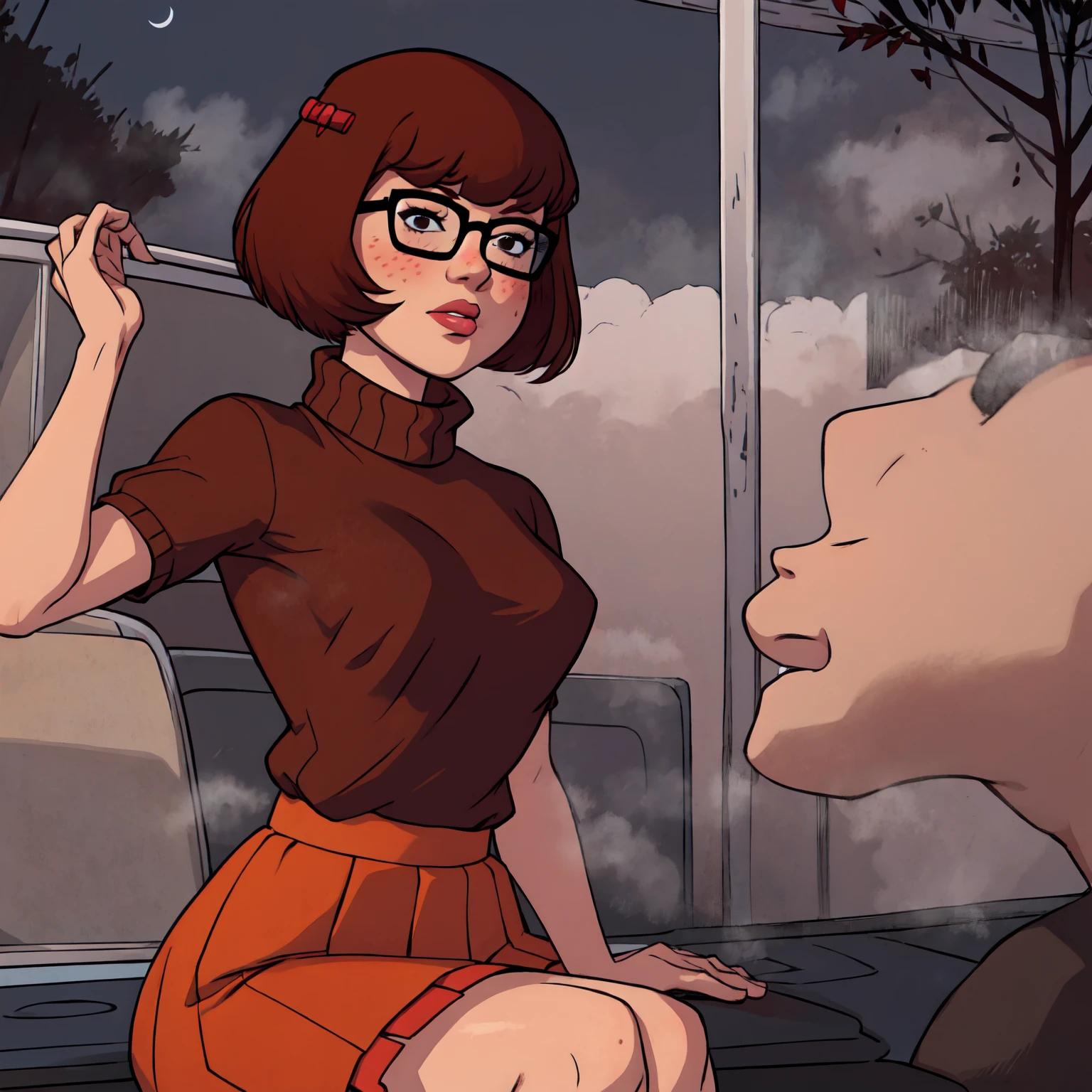 1girl, Velma from scooby-doo, solo, skinny, brown hair, black eyes, square glasses, orange turtleneck blouse and red skirt,  eyeliner, looking at viewer, lips, black bob cut, blunt bangs, blush, standing, upper body, face focus, outdoors, horror \(theme\), night, fog egirlmakeup, sitting on the van car