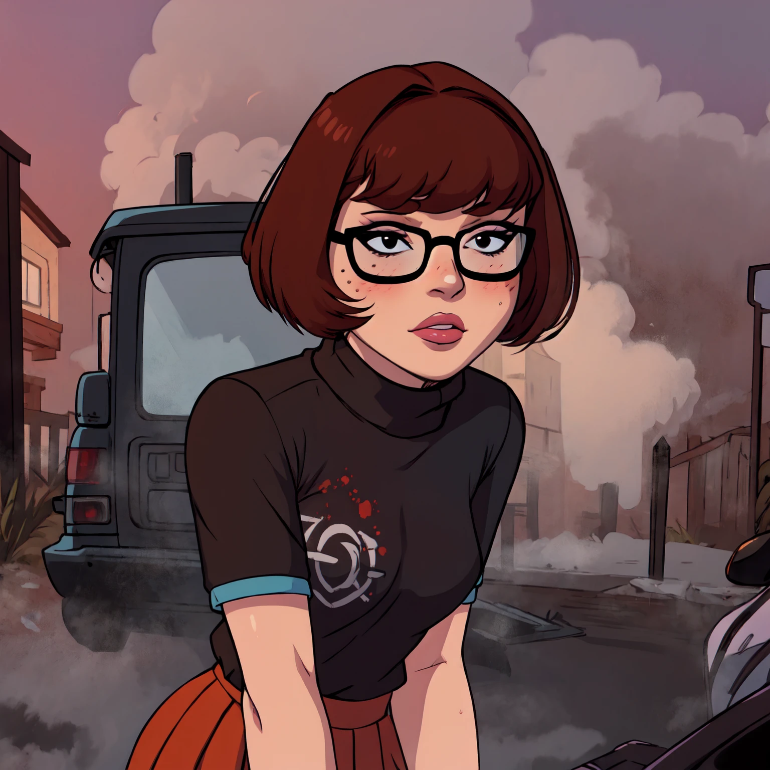 1girl, Velma from scooby-doo, solo, skinny, brown hair, black eyes, square glasses, orange turtleneck blouse and red skirt,  eyeliner, looking at viewer, lips, black bob cut, blunt bangs, blush, standing, upper body, face focus, outdoors, horror \(theme\), night, fog egirlmakeup, sitting on the van car