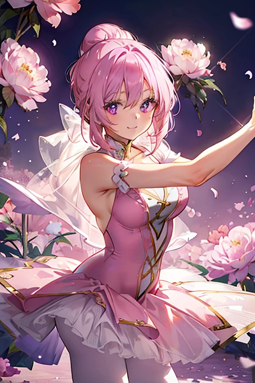 A pink haired woman with violet eyes with an hourglass figure in a ballet uniform with her hair in a bun is posing in a flurry of peony petals  with a big smile