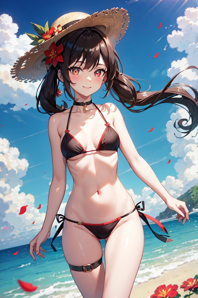 hd,8k,ultra qualty,1girl, ((solo)), hutao_genshin, standing, neck bell, flower, bare arms, very long hair, long hair, twintails, brown hair, red eyes, stomach, cleavage, choker, sidelocks, symbol-shaped pupils, smile, bikini, on stomach, ((flower-shaped pupils)), red bikini, navel, red flower, black choker, bare shoulders, hair ornament, strap slip, hair flower, thighs, day, outdoors, thigh gap, plum blossoms, bell, blush, looking at viewer, ((sky)), blue sky, (beach), blue sea, sand, black hat, black chinese hat, flat chest
