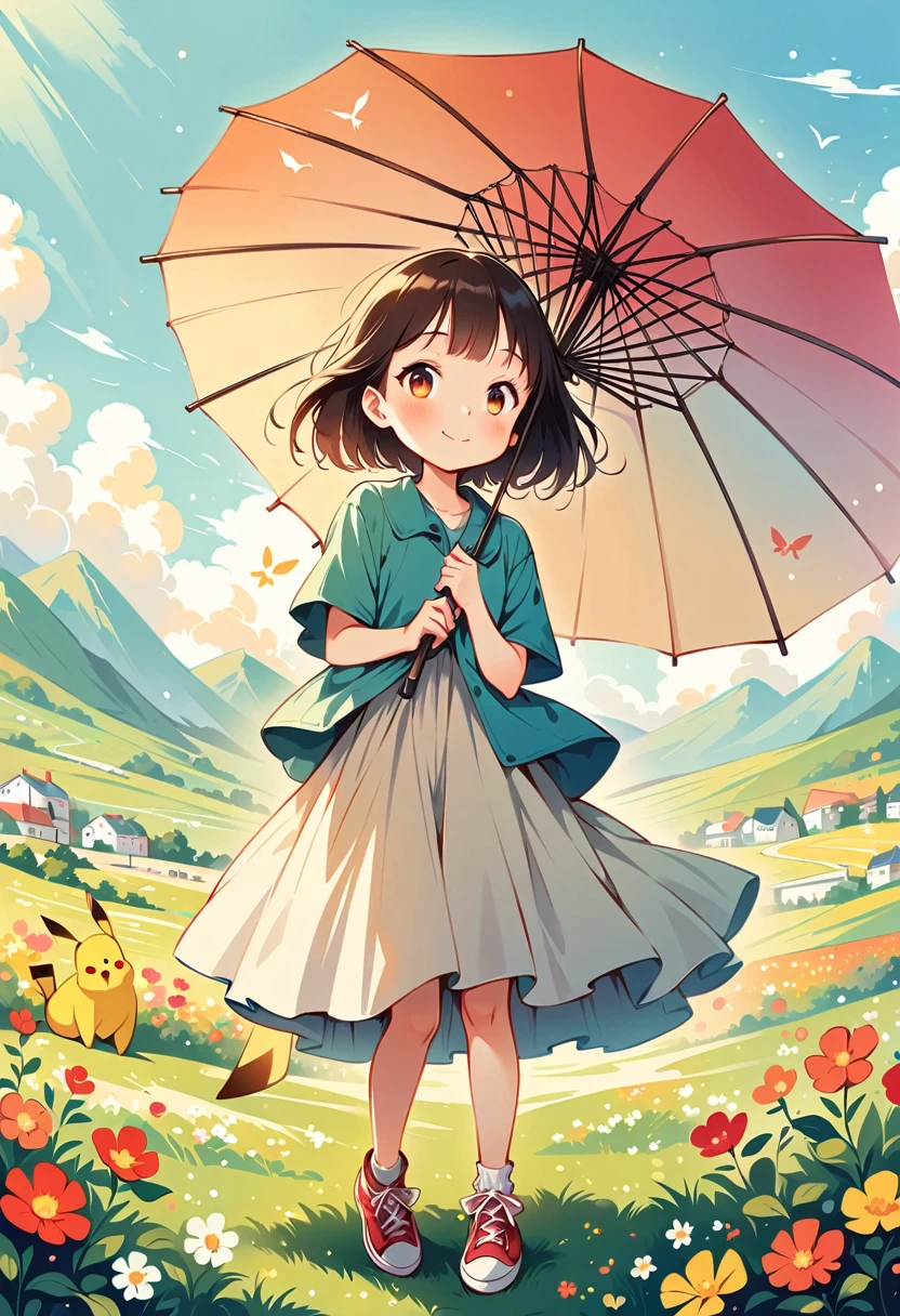 ((anime:1.4,illustration)),(masterpiece, top quality, best quality),(ultra-detailed, absolutely resolution),((16k, high res)), (((Illustrate a charming scene of Pikachu using an umbrella as a parasol on a sunny day. Pikachu should be walking in a park with the sun shining brightly. The umbrella should have a bright, colorful design, and Pikachu should be smiling happily. Include elements like flowers and a clear blue sky to enhance the sunny atmosphere.)) ((cozy lofi illustration:1.4)), ((anime:1.4, illustration)),(masterpiece, top quality, best quality),(ultra-detailed, absolutely resolution),((16k, high res))