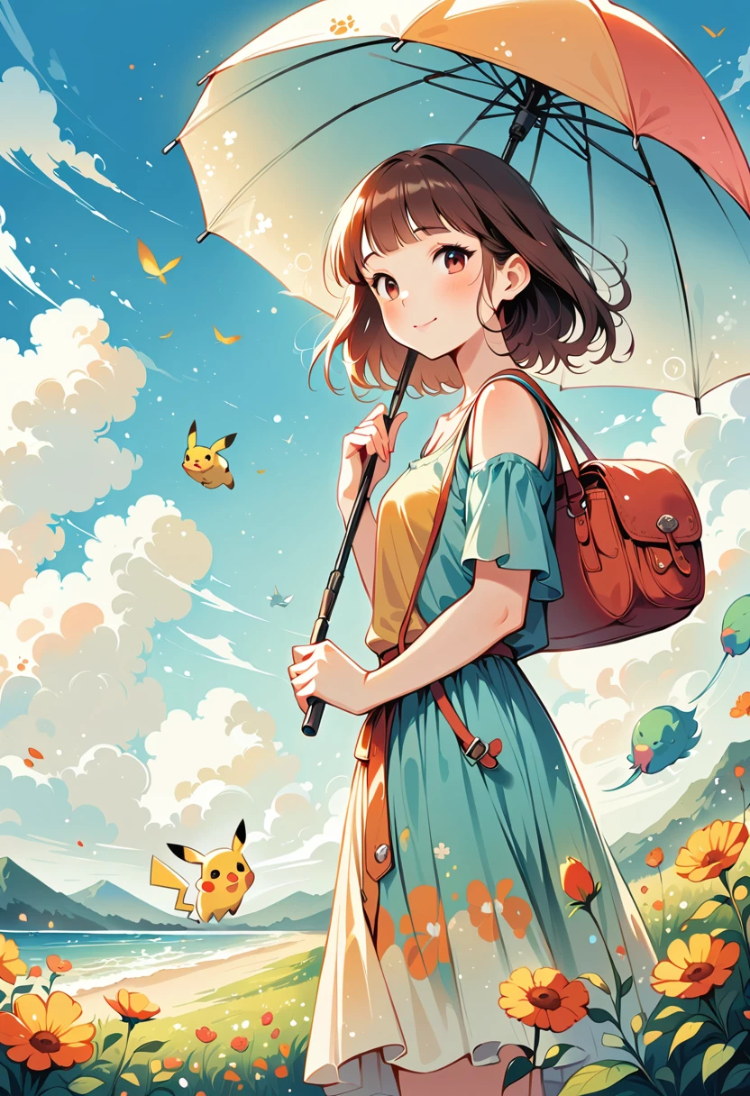 ((anime:1.4,illustration)),(masterpiece, top quality, best quality),(ultra-detailed, absolutely resolution),((16k, high res)), (((Illustrate a charming scene of Pikachu using an umbrella as a parasol on a sunny day. Pikachu should be walking in a park with the sun shining brightly. The umbrella should have a bright, colorful design, and Pikachu should be smiling happily. Include elements like flowers and a clear blue sky to enhance the sunny atmosphere.)) ((cozy lofi illustration:1.4)), ((anime:1.4, illustration)),(masterpiece, top quality, best quality),(ultra-detailed, absolutely resolution),((16k, high res))