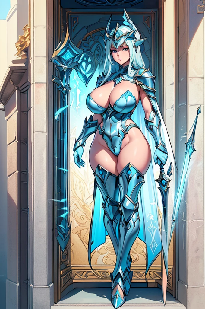 (masterpiece, best quality, high resolution, ((full body standing,)),((huge )) 1(masterpiece, best quality, high resolution, ((full body standing,)),((huge breastseautiful woman,,,, light blue fantasy paldin armor with white details full body fantasy paladin, fantasy paladin cape, fantasy paladin helmet, holding 1 fantasy paladin sword and shield, serious posture
((full body))