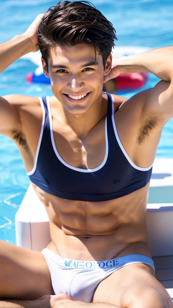 male Age 20 swimwear lifeguard smile tank top
