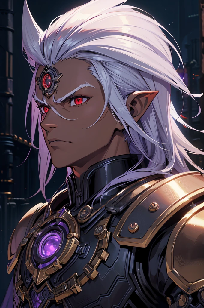 ((best quality)), ((masterpiece)), (detailed), ((boy)), ((mechanical armor)), (steampunk), (serious), dark skinned, human, upper body, portrait, red eyes, long white hair, Xemnas from Kingdom Hearts, half-drow, pointy ears, serious face, dramatic lighting, purple hue, art by Kinema Citrus and Tetsuya Nomura