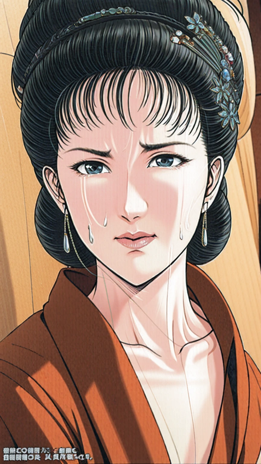 (best quality), (very aesthetic), (ultra-detailed), (best illustration),(a mature female),(perfect face),Suikoden,Mrs. Lin,(((NSFW))),((full_body)),((full_Nude)),(crying),Covers mouth with right hand,red cheek,sweating,skinny,flushed skin,(hairly),(Missionary position sex),(resting the back of her head on a pillow),(She is lying on her back completely naked),traditional Chinese bedroom,over head view