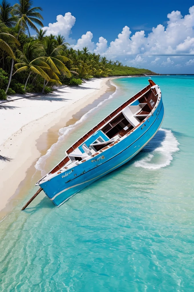 Generate an image of a somewhat damaged boat on a Caribbean beach that has the phrase Son Y Rumba painted with white paint.