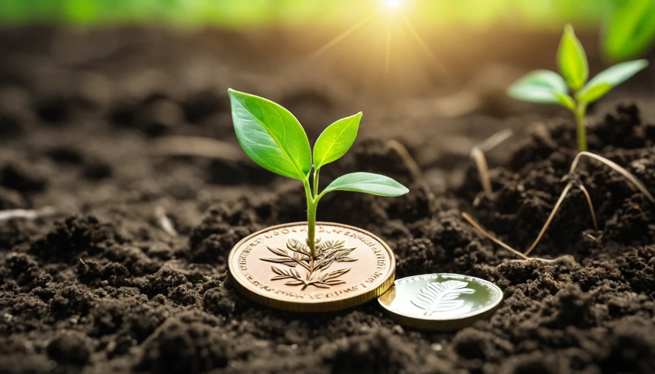 A seedling is growing on a coin lying on the ground. Green investment concept ,Rising money to invest. financial growth concept