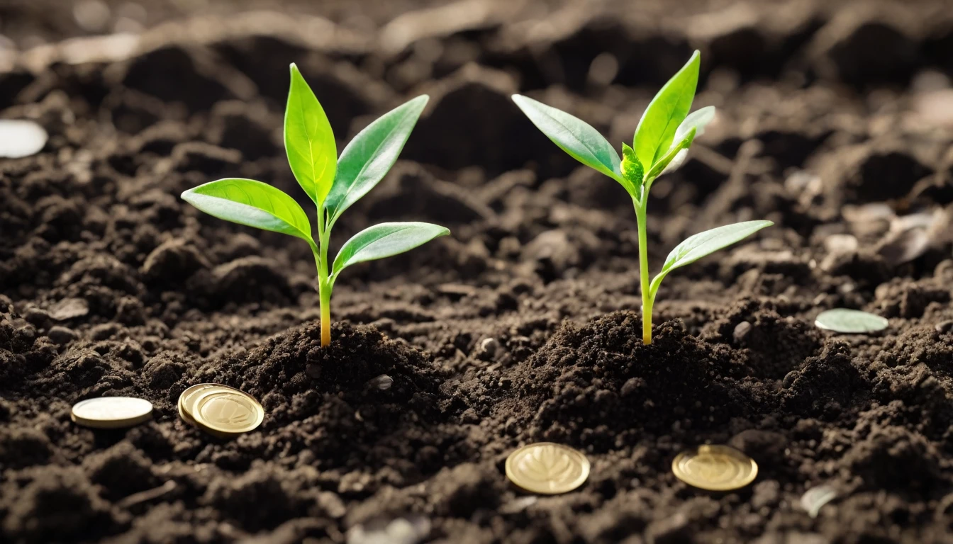 A seedling is growing on a coin lying on the ground. Green investment concept ,Rising money to invest. financial growth concept