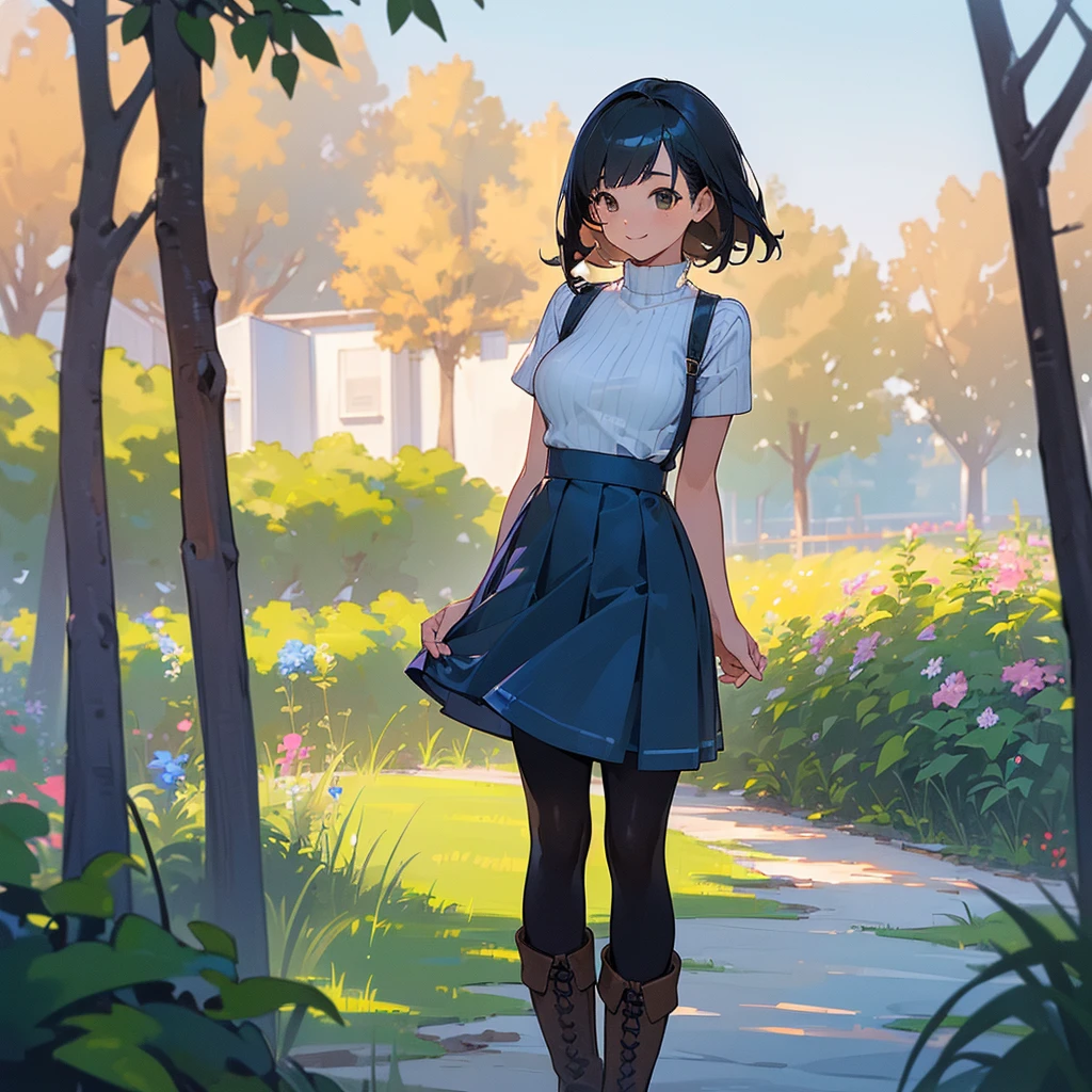 (high quality, High resolution, Very detailed, reality:1.37), Peaceful atmosphere, (Outdoor, garden), Teenage girl standing alone, (my breasts are big.), Beautiful details, Cute Smile, (Black bob hair), Short sleeve ribbed sweater, Blue Skirt, Black tights, Brown boots.