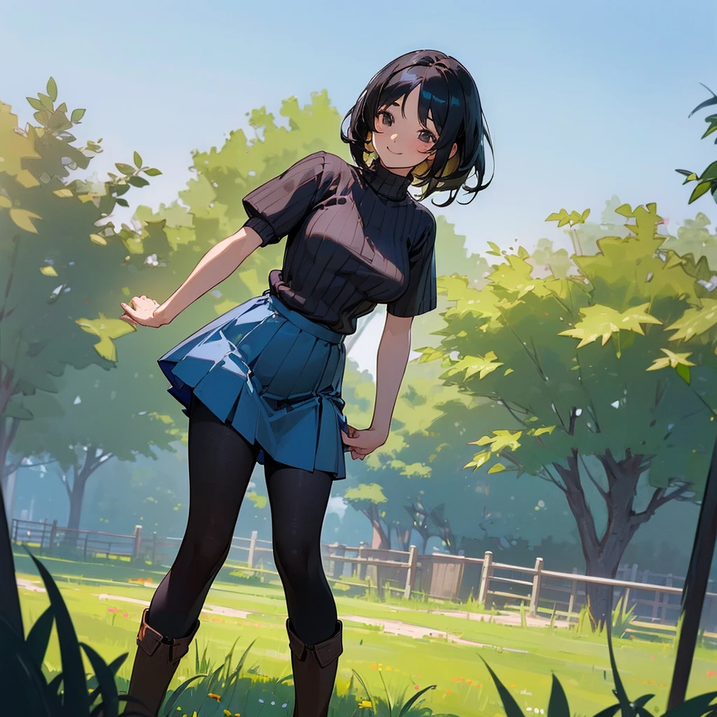 (high quality, High resolution, Very detailed, reality:1.37), Peaceful atmosphere, (Outdoor, garden), Teenage girl standing alone, (my breasts are big.), Beautiful details, Cute Smile, (Black bob hair), Short sleeve ribbed sweater, Blue Skirt, Black tights, Brown boots.
