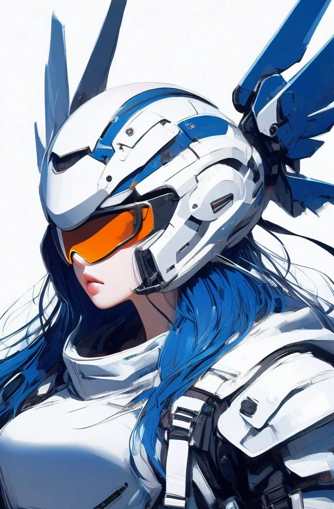 ((celluloid)),Mecha musume,a woman in a futuristic outfit is floating in the air and sword in her hand and sky and clouds and blue background with white clouds and blue and orange lines and white,and,Joseph Stella,Mecha,portrait,Rayonism,